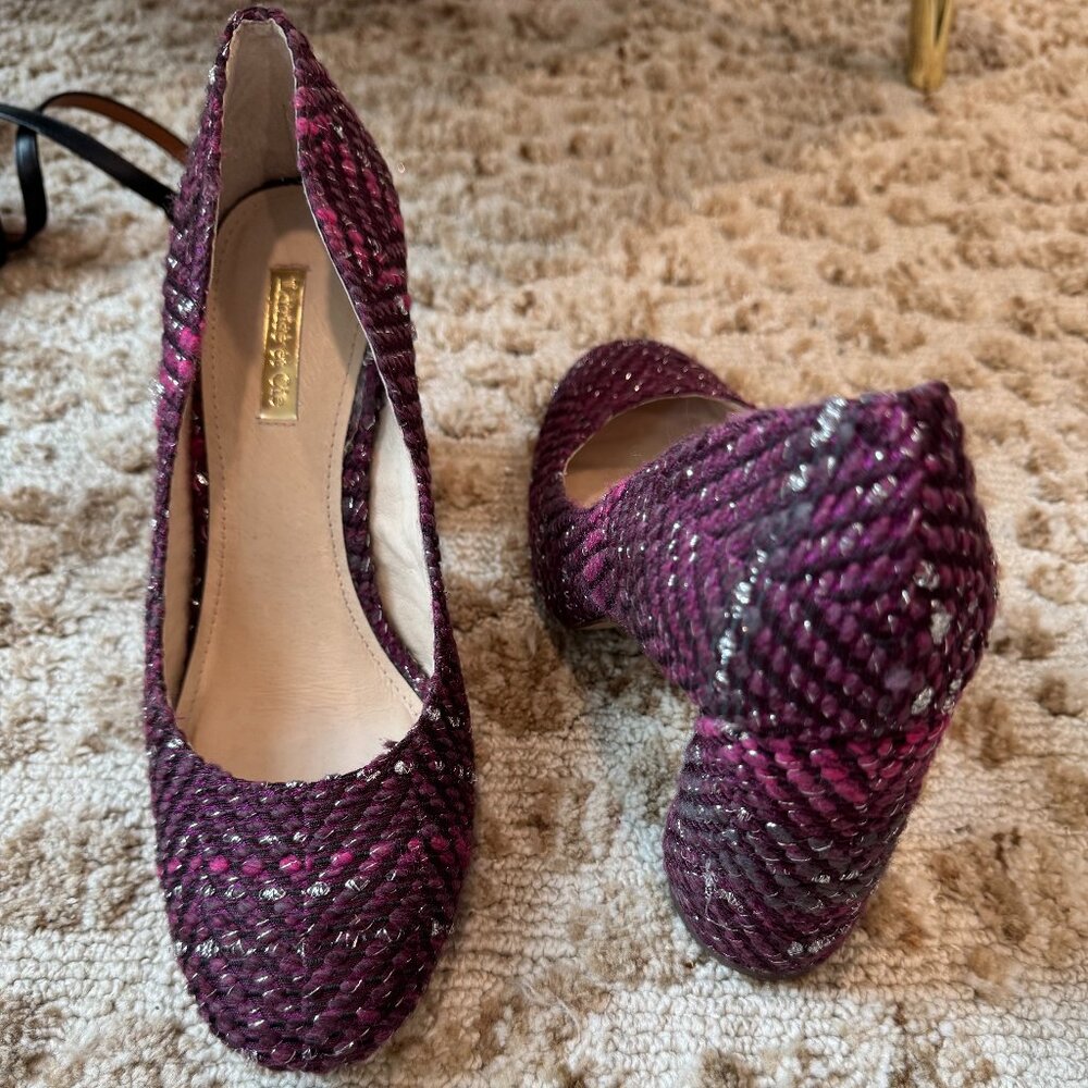 Louise et Cie | Jayant Purple Tweed Metallic Fleck Chunky Flared Block Heels Pum